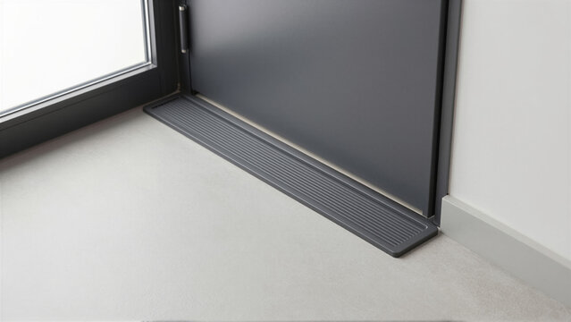 Detailed view of a modern dark grey door threshold on a concrete floor. This sleek entrance sill provides weather protection for contemporary interior design