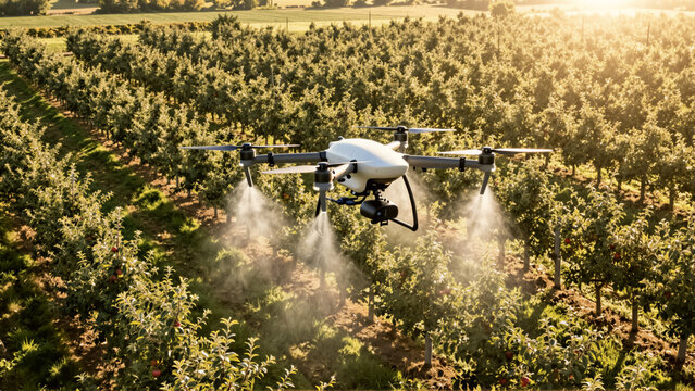 Modern agricultural drone spraying a fruit orchard at sunset. Innovative smart farming technology ensures efficient crop management and precision irrigation