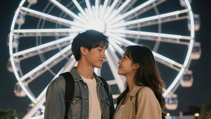 Fototapeta premium A loving young adult couple enjoys a romantic night out, illuminated by a glowing Ferris wheel. Their joyful date captures a beautiful bond