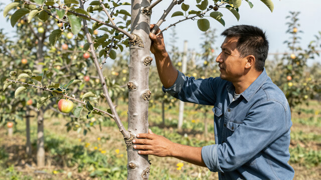 A diligent farmer inspects an apple tree in a sunny orchard. He is checking the fruit for quality during harvest season. Shows care for agriculture