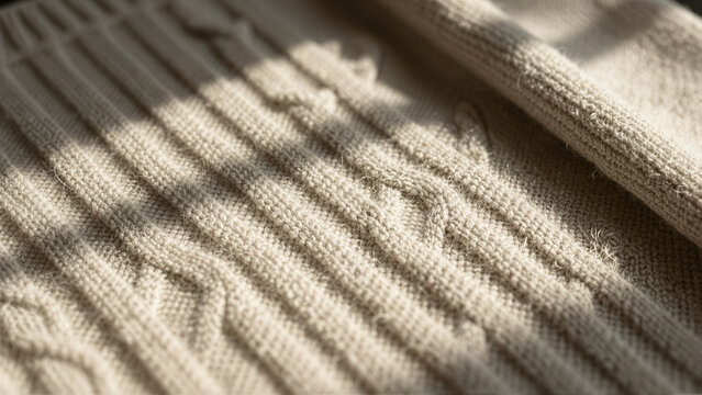 Close-up of a warm, beige knitted fabric with intricate cable knit patterns. This cozy textile background offers a soft, inviting texture for design