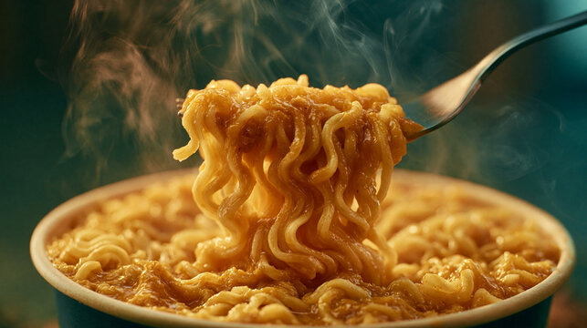 A fork lifts steaming instant ramen noodles from a cup, highlighting hot quick meal.