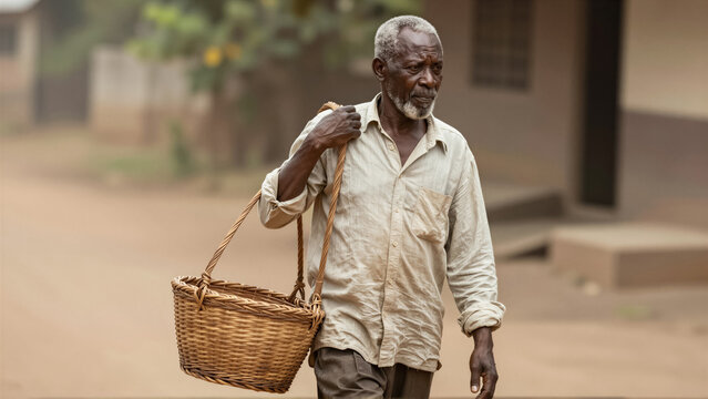 Portrait of an elderly African man carrying a traditional wicker basket. He walks with dignity, representing daily life and enduring culture