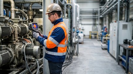 Fototapeta premium Engineer Performing Thermal Inspection of Industrial Equipment with Infrared Camera