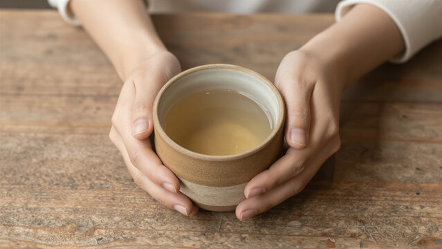 Close-up of a hand holding a ceramic cup of warm tea over a rustic wooden table. Peaceful wellness concept of mindfulness and relaxation