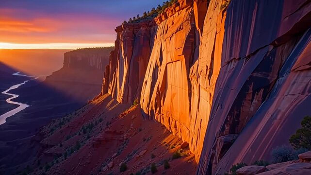 The camera pans across a massive red sandstone cliff face as the golden hour light illuminates the canyon walls and river below.