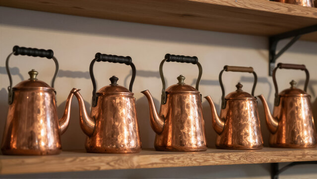Vintage copper kettle collection on a rustic oak shelf. Warm metallic texture creates a traditional kitchen atmosphere. Elegant handcrafted metal teapot display