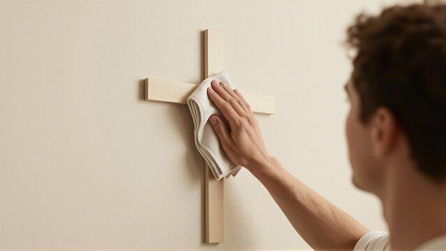 A hand gently cleans a wooden cross on a minimalist beige wall. This image conveys peaceful devotion, spiritual care, and minimalist home decor. Ideal for religious and lifestyle content