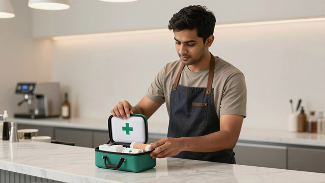 A young man in an apron opens a portable first aid kit on a clean counter. Detail of medical supply for workplace safety and emergency aid in a cafe setting