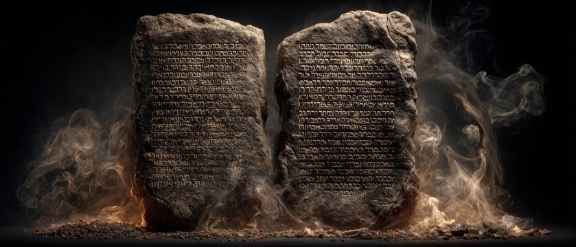 Two ancient stone tablets with inscriptions stand against a dark background, surrounded by swirling smoke and embers.