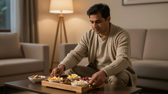 An Indian man in a cozy living room arranges a healthy snack tray. He wears a knit cardigan in a warm home interior during the evening