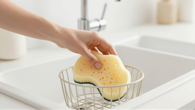 Close-up view of a woman's hand holding a yellow sponge in a modern white kitchen sink. Clean domestic scene focused on daily chore and hygiene