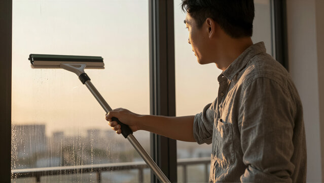 Detailed view of an Asian man using a squeegee to clean a glass window during a golden sunset. High-rise apartment maintenance shows housework and urban lifestyle