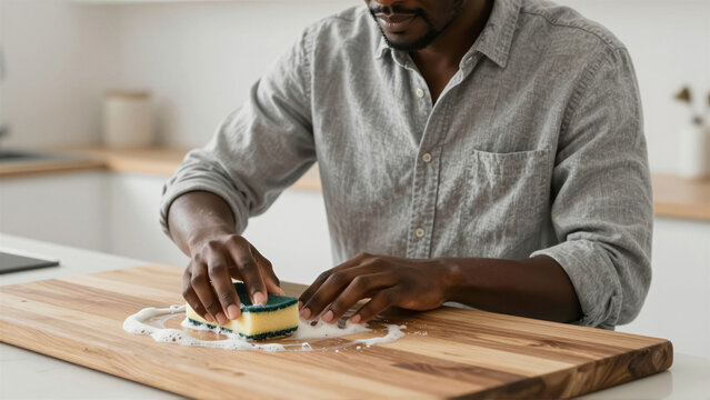 Detailed view of an African American man cleaning a cutting board with a sponge and soap. This image shows domestic hygiene and routine household maintenance