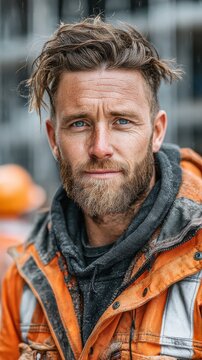A close-up portrait of a bearded man wearing a dirty orange work jacket with a blurred background.