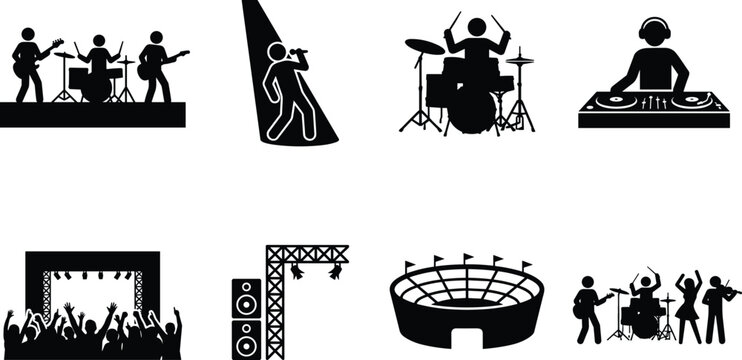 Black silhouette icons of live music band performances, rock concert stages, DJ mixing, and stadium festival events