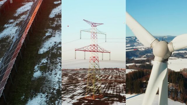 Collage of solar power station, wind turbine propeller and high voltage power lines in winter conditions. Concept of sustainable electricity and climate friendly energy.