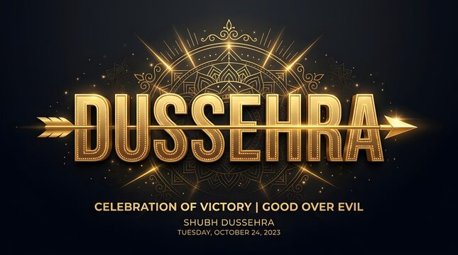 Golden dussehra greeting card with 3d metallic typography and arrow, featuring a glowing mandala pattern on a dark background