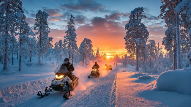 People ride snowmobiles through a snowy forest at sunset with snow covered trees in the background.