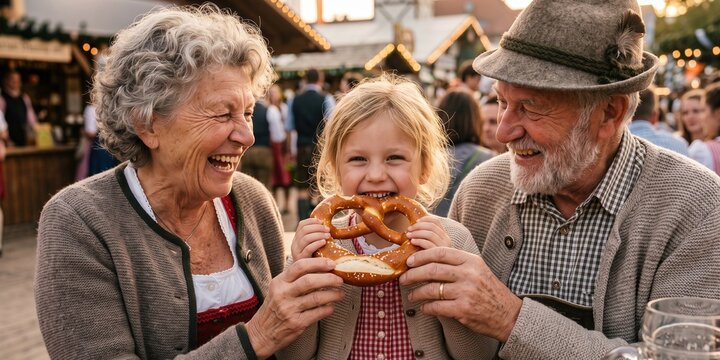 Grandparents sharing giant pretzel with granddaughter at Oktoberfest. Concept of family bonding, generations and festive traditions.
