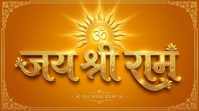 Golden 3d jai shri ram calligraphy with om symbol and sun rays, ornate decorative border, religious hindu festival background