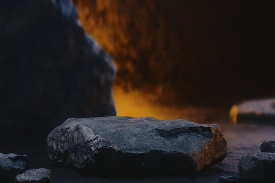 Dramatic 3D render of a black stone podium with sharp edges, selective focus macro mockup of an empty display stage for cosmetics and beauty products in warm moody lighting with copy space.