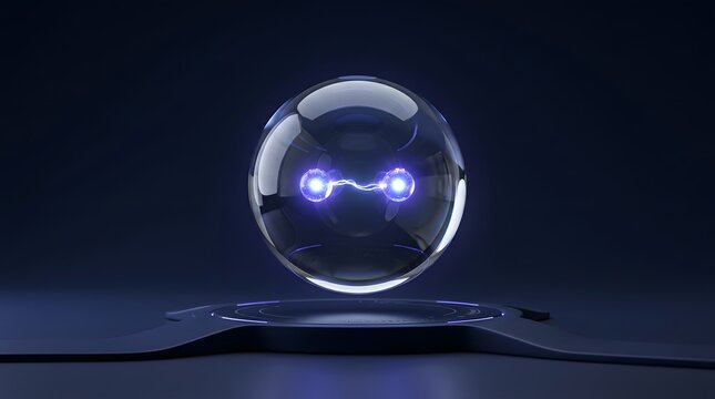 Glowing electric arc connecting two energy orbs inside a glass sphere on a futuristic pedestal representing innovation