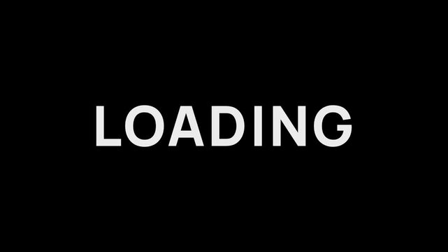 Animated loading text appearing with glowing letter effect against dark black backdrop digital progression sequence for web interface software startup presentation.