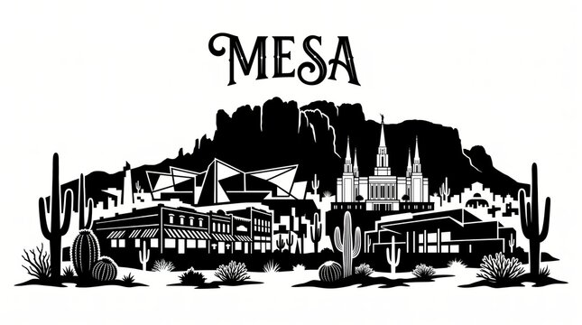 Highly detailed Mesa, Arizona skyline silhouette featuring Mesa Arts Center-inspired architecture, distinctive temple spires, historic Main Street, Superstition Mountains, Sonoran Desert
