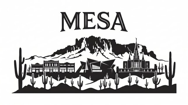 Highly detailed Mesa, Arizona skyline silhouette featuring Mesa Arts Center-inspired architecture, distinctive temple spires, historic Main Street, Superstition Mountains, Sonoran Desert