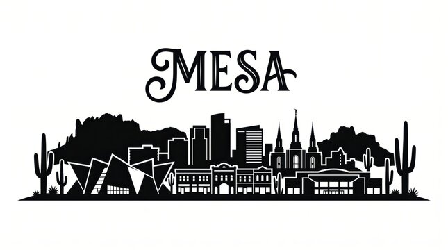 Highly detailed Mesa, Arizona skyline silhouette featuring Mesa Arts Center-inspired architecture, distinctive temple spires, historic Main Street, Superstition Mountains, Sonoran Desert