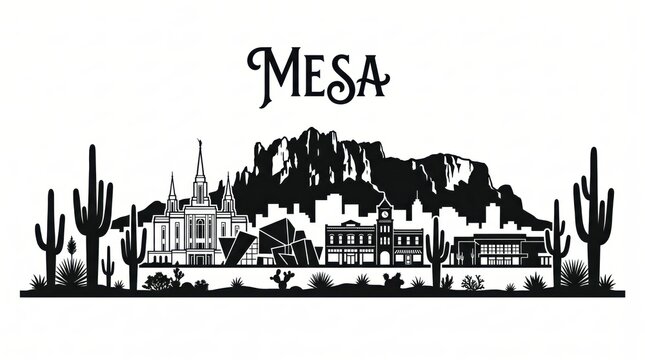 Highly detailed Mesa, Arizona skyline silhouette featuring Mesa Arts Center-inspired architecture, distinctive temple spires, historic Main Street, Superstition Mountains, Sonoran Desert