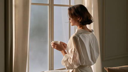 Fototapeta premium Person holding warm cup by fogged window showcasing brain fog mental fatigue emotional wellness and mental clarity lifestyle