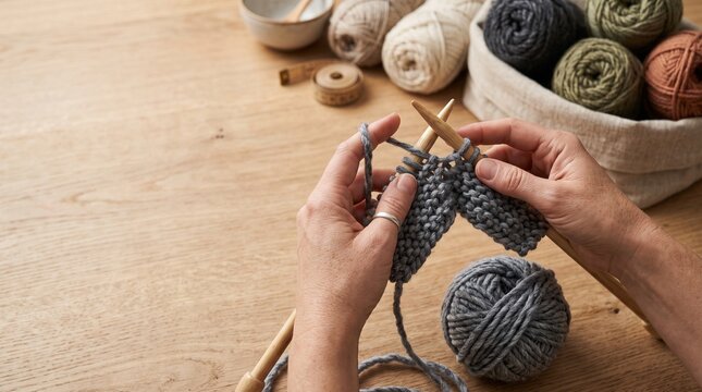 Hands holding wooden knitting needles with grey wool on a rustic table
