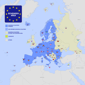 Schengen Area, European map of member states with flags and borders, vector illustration