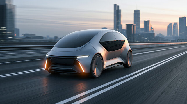 A sleek silver futuristic autonomous car driving on a highway with a city skyline at sunset.