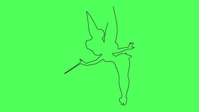 Tinkerbell silhouette animation drawing fairy character isolated on green screen background.