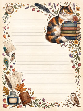 Vintage page with calico cat on books and quill for diary and letter writing