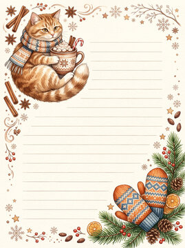 Winter page with ginger cat and hot chocolate for diary and letter writing