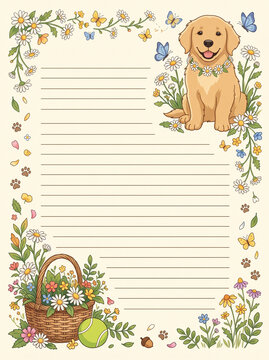 Cute golden retriever puppy and daisy floral page for diary and letter writing