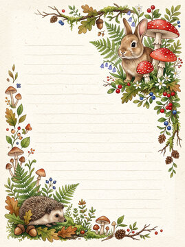 Forest page with cute rabbit and hedgehog for diary and letter writing