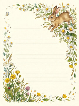 Jumping rabbit and daisy floral page for diary and letter writing