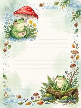 Cute frog with mushroom umbrella and snails rainy page for diary and letter writing