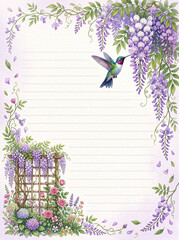 Naklejka premium Wisteria and hummingbird floral page with garden arch for diary and letter writing