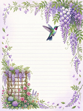 Wisteria and hummingbird floral page with garden arch for diary and letter writing