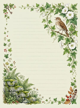 Bird and ivy page with mossy stones and key for diary and letter writing
