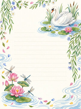 Swan and lotus watercolor page with willow branches for diary and letter