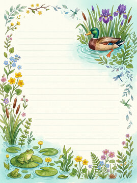 Duck and frog pond page with iris and dragonfly for diary and letter