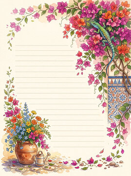 Bougainvillea and lizard page with flower pot for diary and letter writing