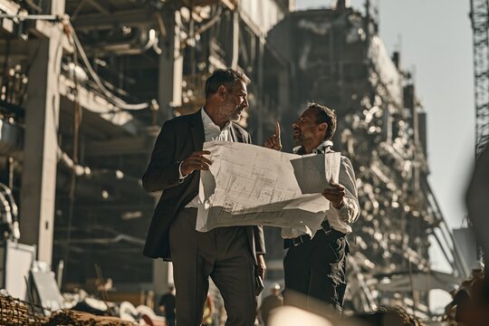 Generative AI construction professionals discussing building project at construction site